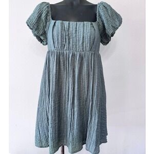 Aeropostale Womens Dress Sz M Green Puffed Sleeve Smocked Babydoll Milkmaid Boho